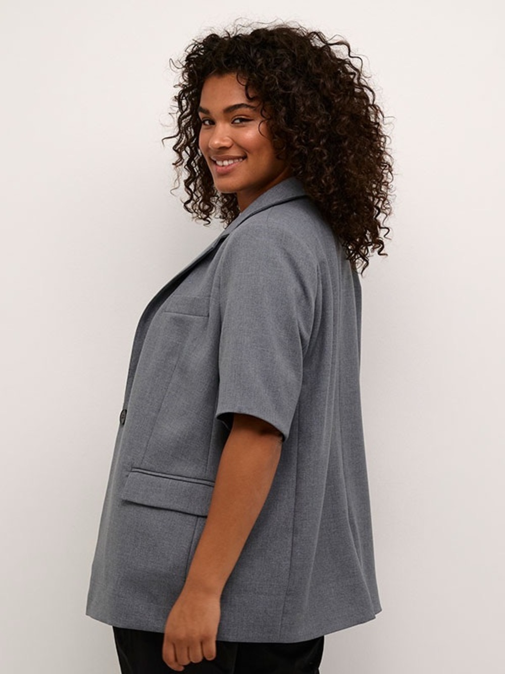 Kaffe Curve IDA Short Sleeve Grey Lightweight Classic Neutral Coat Blazer Sz 14 - Picture 3 of 16